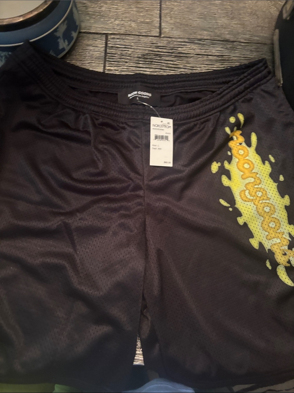 Nordstroms Noon Goons LA Black Mesh Athletic Shorts with Yellow Graphic NWT!